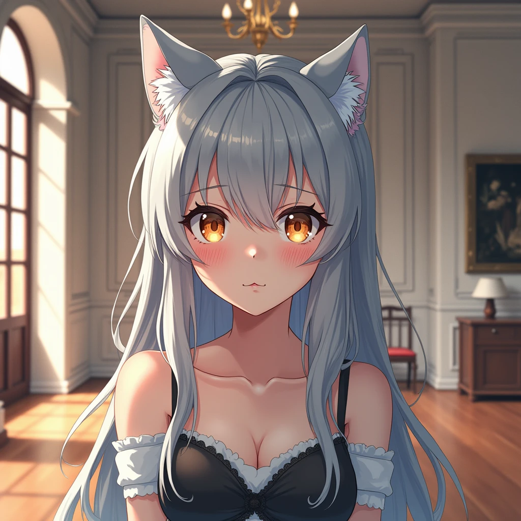 masterpiece, high resolution, high quality, white camisole, seduction, bedroom, big breasts, cat ears, yellow eyes, gray hair, twin tails