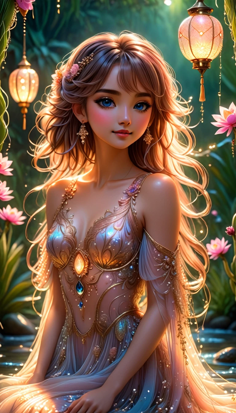 Anime Girl Beauty, ideal anatomy, Bright,  She is wearing a flowing, transparent light ROSE GOLD embroidery gown that looks like it's made of delicate glass or crystal, adorned with intricate floral patterns and luminous beads and flying lantern that catch the light, SITTING BY THE peacocks , her hair flows free, like the river's stream. There is a field of CACTUS FLOWERS,  Viral anime nature wallpaper in 4K quality, in the style of digital illustration, in the middle of the countryside, a beautiful cabin, small river running along the side rich in details, a beautiful scene, lots of vegetation around, the sky a soft gradient of LIGHT golden, warm and nostalgic color temperature, many details, too many details, the atmosphere is magical and joyous, best quality, perfect anatomy, very aesthetic, official art, 8k, Shine, shimmer light of the Sun, Soft clouds, captivating her beautiful smile and shy