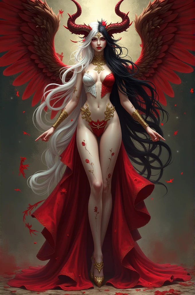 a beautiful illustration of a vampire woman with glowing eyes in an abstract marble texture with a tarot style frame, with colors of obsidian black, shiny gold, and ruby red, highly detailed, intricate design, BY Anne Bachelier,