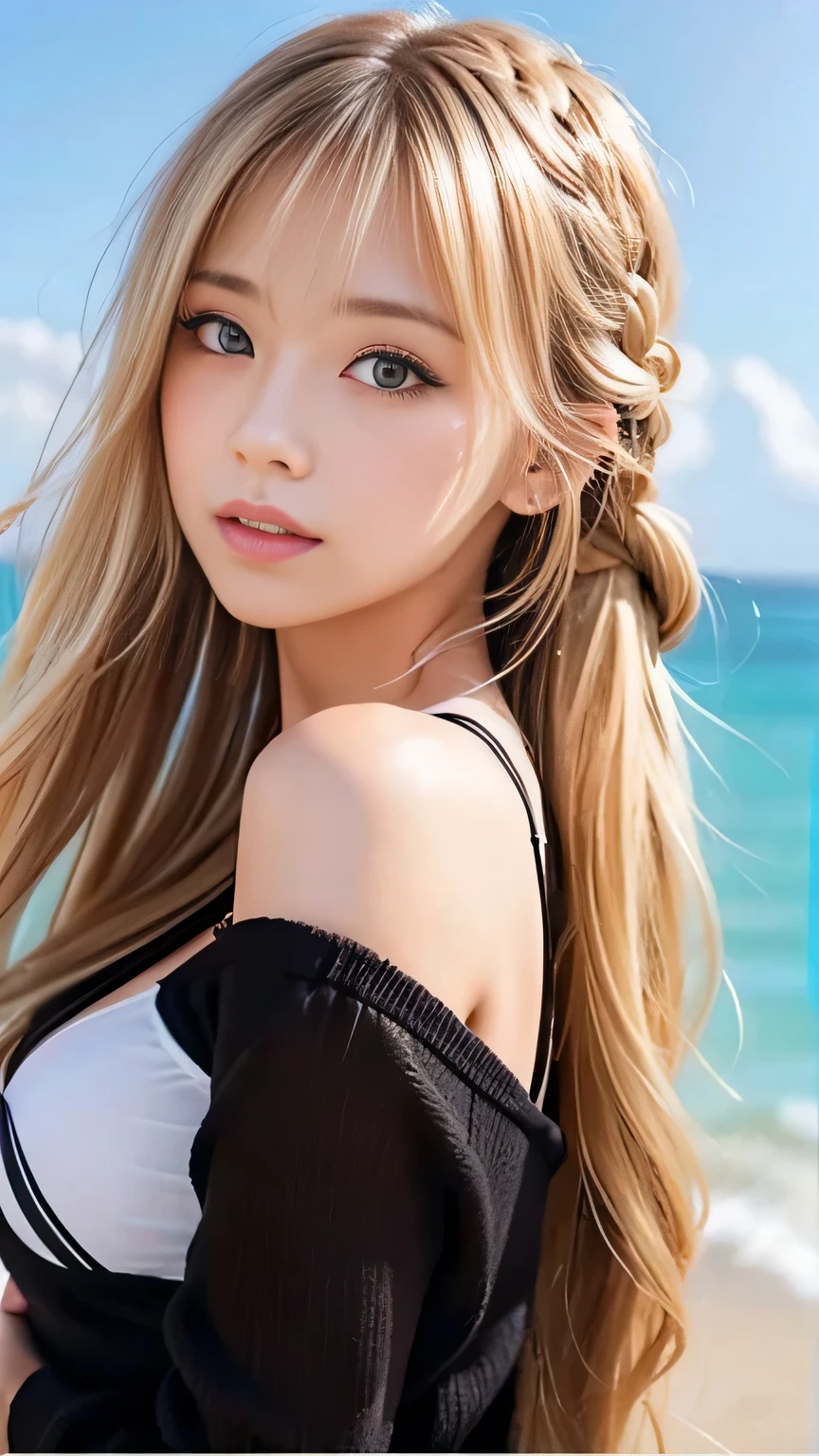 Sunburn marks on tanned skin、blush、Bright blonde hair,A cute -yeld giwith a cute look, A strong wind blows my hair in front of my face、Beautiful big sparkling eyes, Cute eyes hidden by long bangs、Yawn、No visible nasolabial folds、A short, light-colored ummer shirts with cute designs and colorful designs、Korean Beauty