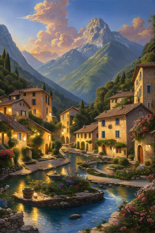 Beautiful oil painting of a village., Villa Bella, Italy, by Sung Kim