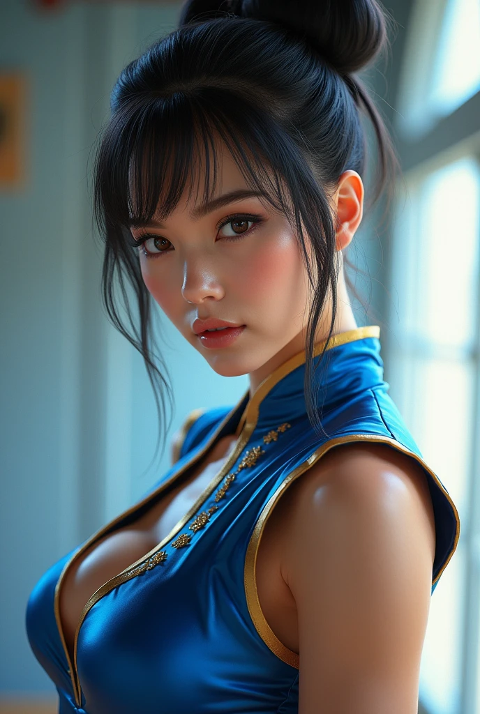 beautiful detailed eyes, beautiful detailed lips, extremely detailed eyes and face, long eyelashes, 1girl, topless, chun-li, large breasts, detailed skin, masterpiece, high quality, photorealistic, 8k, hyper detailed, intricate details, realistic lighting, volumetric fog, vibrant colors, cinematic lighting, dramatic lighting, elegant pose
