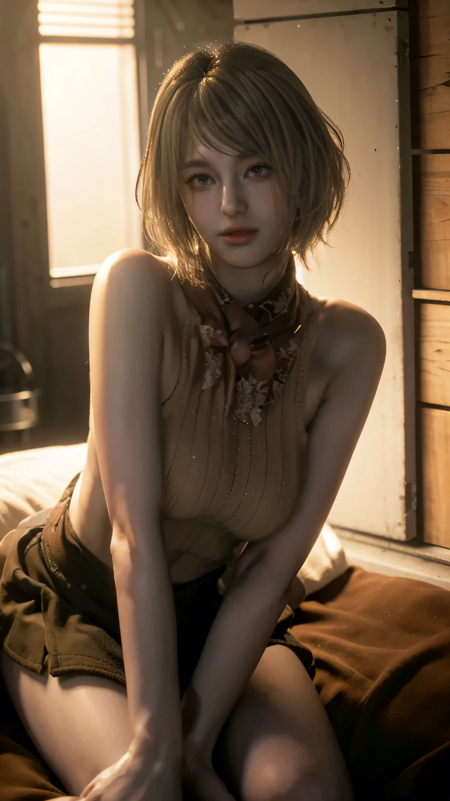 (Best Quality, 8k, masterpiece: 1.3), One Woman,Voluptuous body,Large Breasts,ashley graham, 1girl, Blonde_hair, green_eyes,, short_hair, Alone,, 1girl, Alone, looking_at_viewerlips, realistic, Background,erotic pose,cute face,beautiful eyes