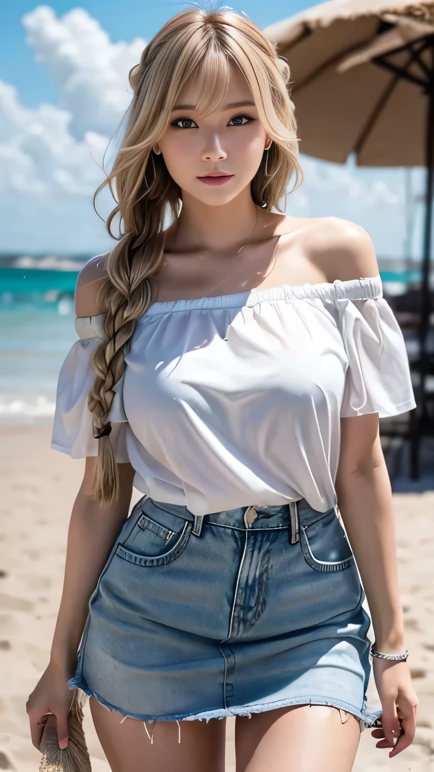 Young blonde woman on the beach wearing shorts, a white blouse, and piercing