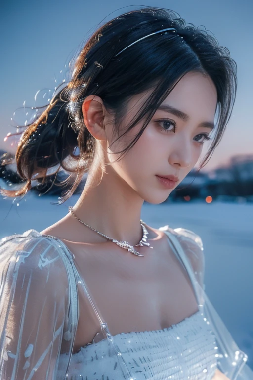 1girll, Heavy snowfall,snow landscape, nattiew over city, City lights, The upper part of the body, closeup cleavage, 8K, RAW photoest qualtiy, tmasterpiece, realisticlying, photograph realistic,huge tit,Wear earrings,wearing a choker,short detailed hair,Clothes are tattered,ssmile,Lewdness