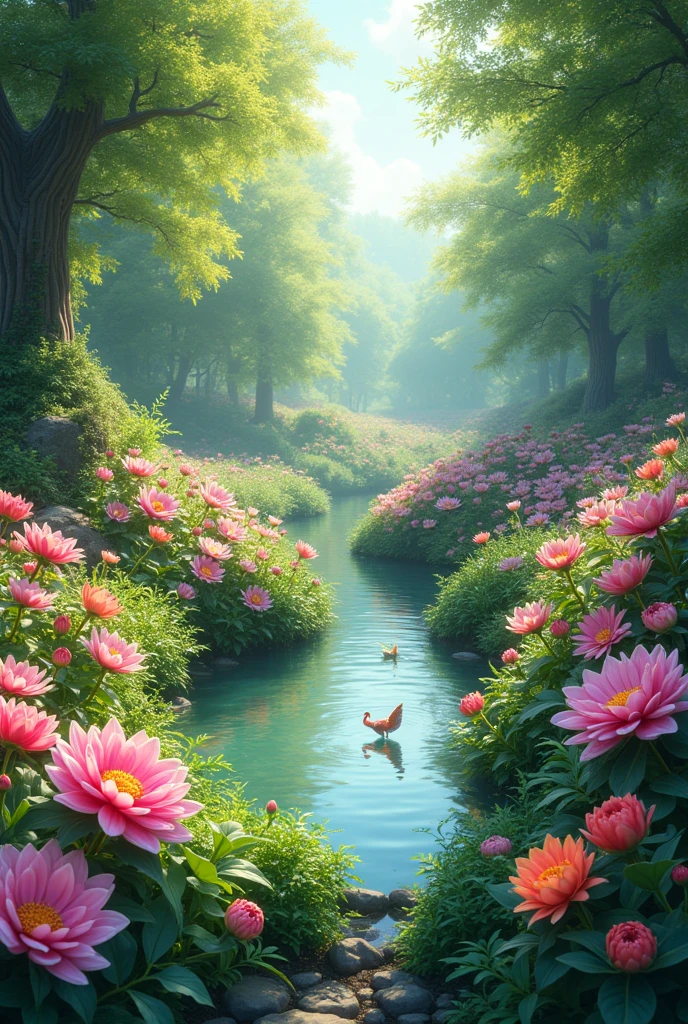 The beautiful garden filled with many flowers has differt color, a small pond in the middle of the garden