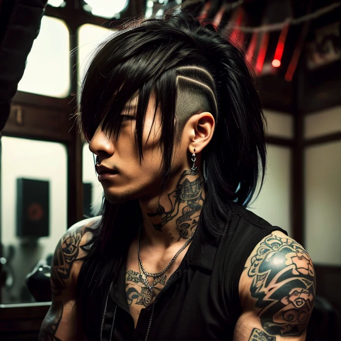1 man, Japanese man, male, Asian eyes, muscular, broad shoulders, yakuza tattoos, hairstyle Visual Kei style, hair Visual Kei, black men's shirt and black pants, ultra detailed face, hyperrealistic, realistic representation, long hair, long hair, 30 years old, age 30 years, blonde hair, full body view 