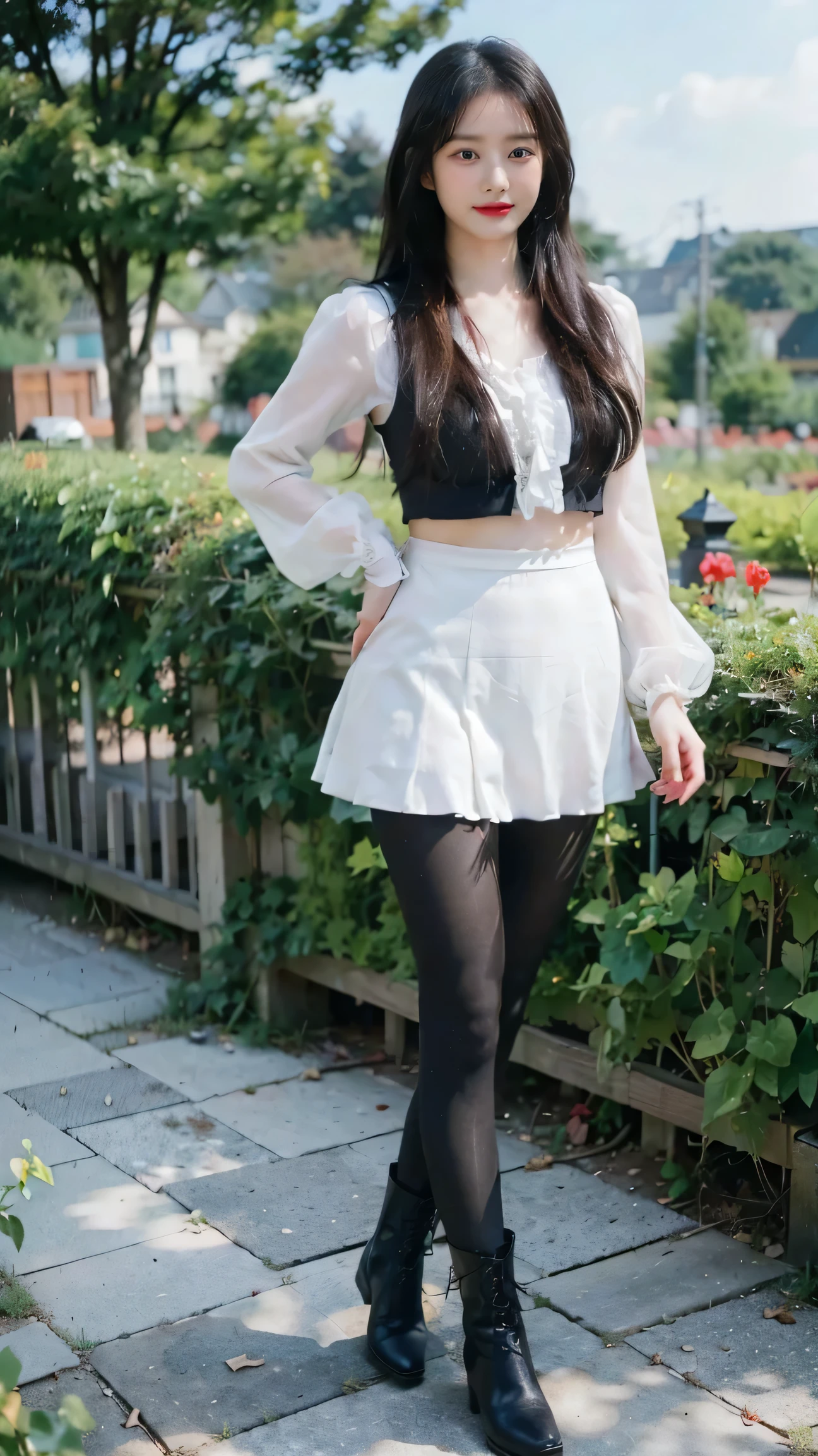 (8K、RAW Photos、Highest quality、masterpiece:1.2)、(Realistic、Realistic)、1 Girl、(( Mini Skirt、one piece、Frills、smile、Medium Hair、See-through、tights、boots、chest emphasis、whole body、garden、View from the front、Looking into the camera、Stand with your hands on your hips))、