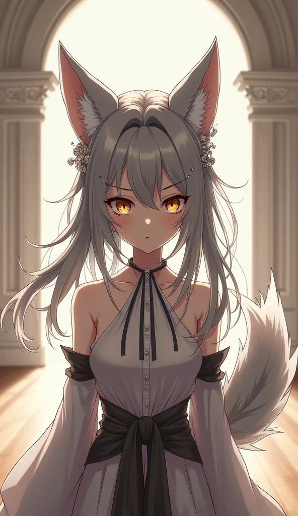 masterpiece, best quality, highres, 1girl, solo, animal ears, white hair, short hair, brown eyes, tail, large breasts, standing, (((upper body))), peeing