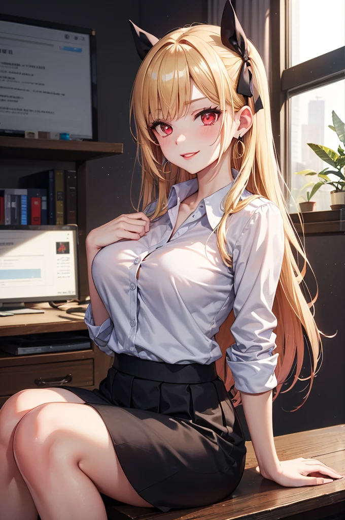 realistic image, coherent image, detailed image, 1 beautiful girl. She has blonde hair, long hair, light blue eyes, long eyelashes. She has demon horns. Her face is oval and delicate, smiling. She is wearing a long-sleeved, shoulder-baring off-the-shoulder shirt, plaid pleated mini skirt, sneakers, and mid-thigh stockings. She has a curvy body, medium breasts, thick thighs, background of a room, surrounded by a gaming computer, natural lighting, volumetric lighting