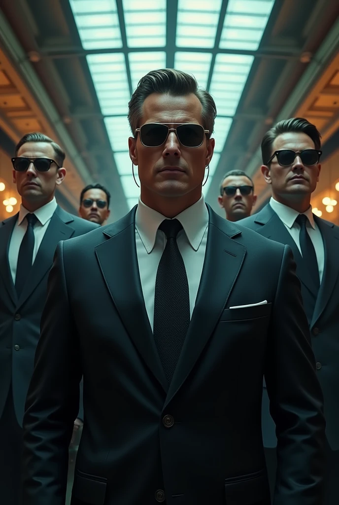 a blonde woman, a black-haired woman and a handsome man in suits and masks , walking to a bank vault where there is a lot of money