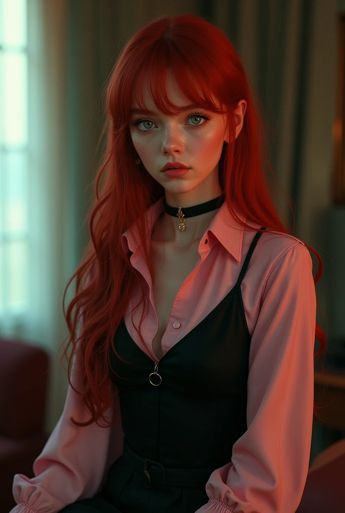 an 18 year old girl with long red hair, heterochromatic eyes, pale skin, big chest, wearing a black dress combined with a flawless pink blouse, with a more elegant and sophisticated touch, something that matches his mysterious and strong personality. In general, its appearance would be striking, attract curious and intrigued glances, big chest, cinematic lighting, chromatic aberration, backlighting, Masterpiece, High details, high quality, 4k.