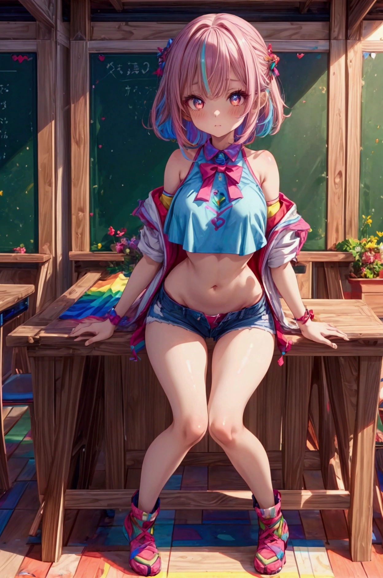 Cute girl, full body, crop top, short shorts, full body, ,colorful eyes, expressive eyes, red eyes, blue eyes, green eyes, rainbow eyes, blushing,full body, perfect body, perfect anatomy, body shine, beautiful body, perfect chest, perfect hips, classroom, 