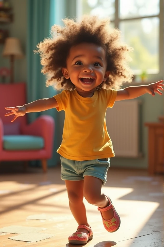 9 year old girl, blonde hair, wearing high-waisted spandex shorts, yellow crop top, bareshoulders, in a balcony, open mouth, tongue out, full body shot, puffy mound, cleft of Venus