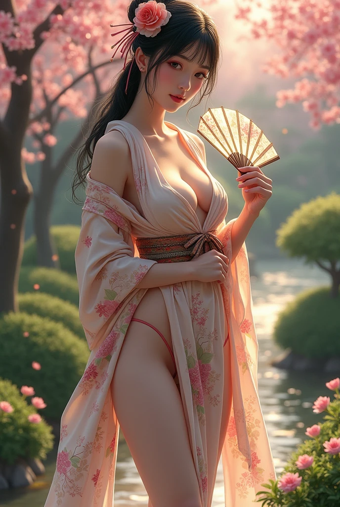 chinese paintings,Gongbi drawing style,ink,legends,Purple background,deep Purple,Dark tones,Pink big breasts,lotuses,foreground,lotus flower,Green bamboo vista,(snow landscape),((Ancient Chinese red Hanfu beauty standing in a sea of flowers smiling)),Melon seed face,Willow eyebrows,Cherry small mouth,(Black eyes),Gentle atmosphere,closeup cleavage,Perfect facial features,(The hair is meticulously depicted),(The face is carefully depicted),Works of masters,(The flowers are carefully depicted),super-fine,high qulity,A high resolution,The composition is perfect,((tmasterpiece))Bigchest,Big breasts Thin waist,long leges,Buttock augmentation,Raised sexy,Bare ,Bare breasts,China Princess(Wearing:Blue Hanfu)