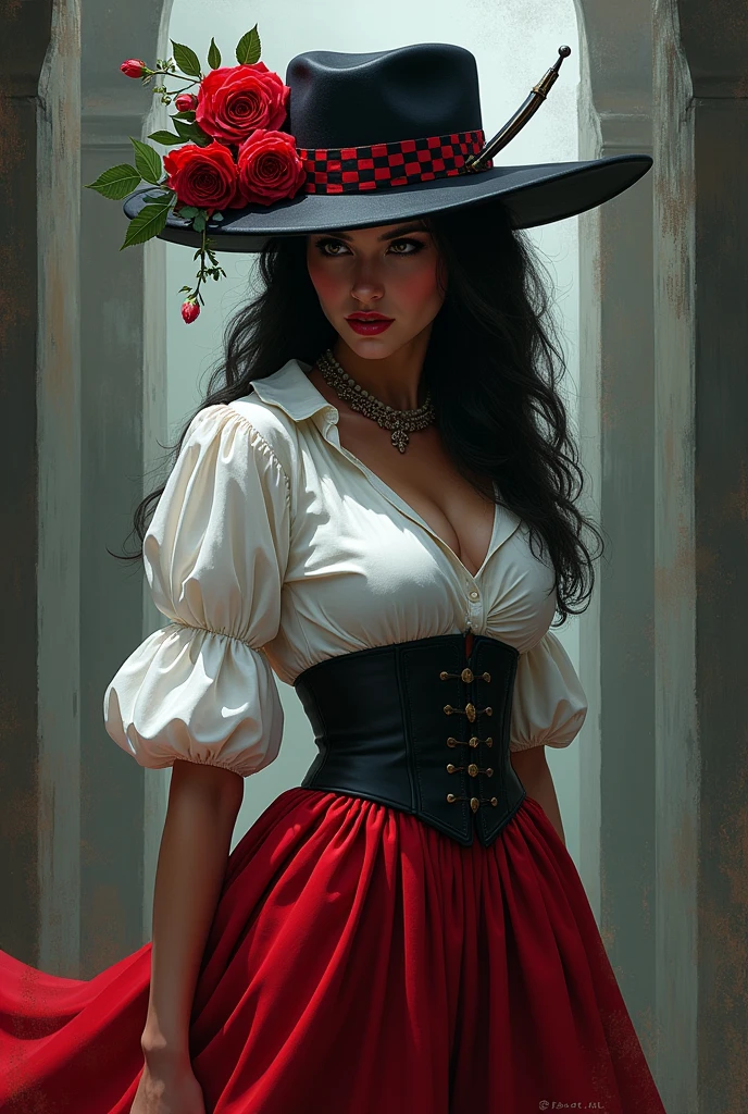 Naughty Maria, the razor of Calunga, A woman would be, wearing a white hat with red and black checkered ribbon, smoking a cigarette, wearing a long skirt and holding the skirt