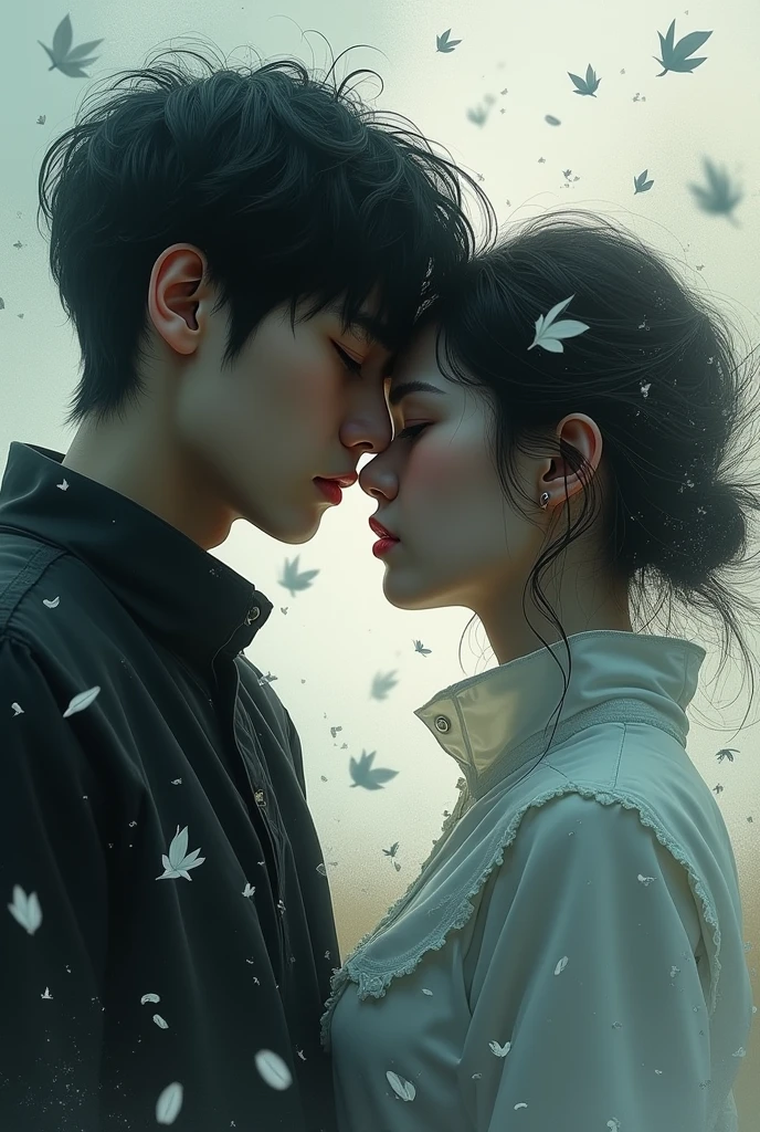 A boy white-hair hugs a girl Long black hair, white body, white clothes, 40 years and both of them look at the camera, theme color picture is a blue mixed black and white
