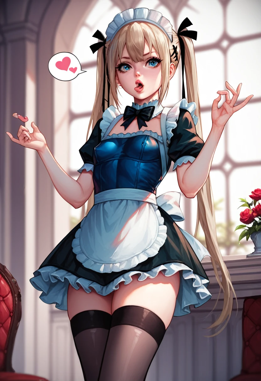 Marie rose, maid uniform, headdress, black stockings, mansion, ThiccWithaQ art style, Marie rose, cute, lewd, sexy, blowing kiss, fetallio gesture, horny, lustful, big ass, big hips