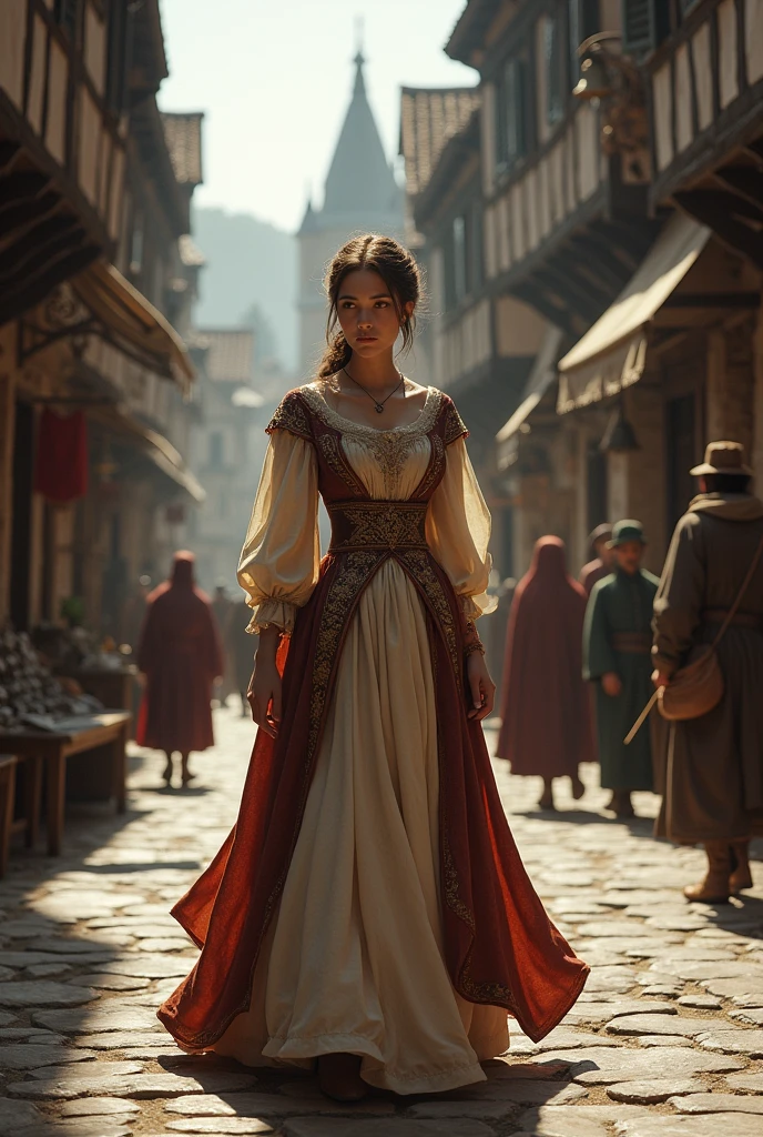 Slave girl in old dress with hazel eyes and brown hair barefoot walking in shackles