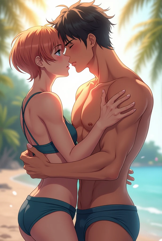 Two short-haired men in swimsuits hugging and kissing、

