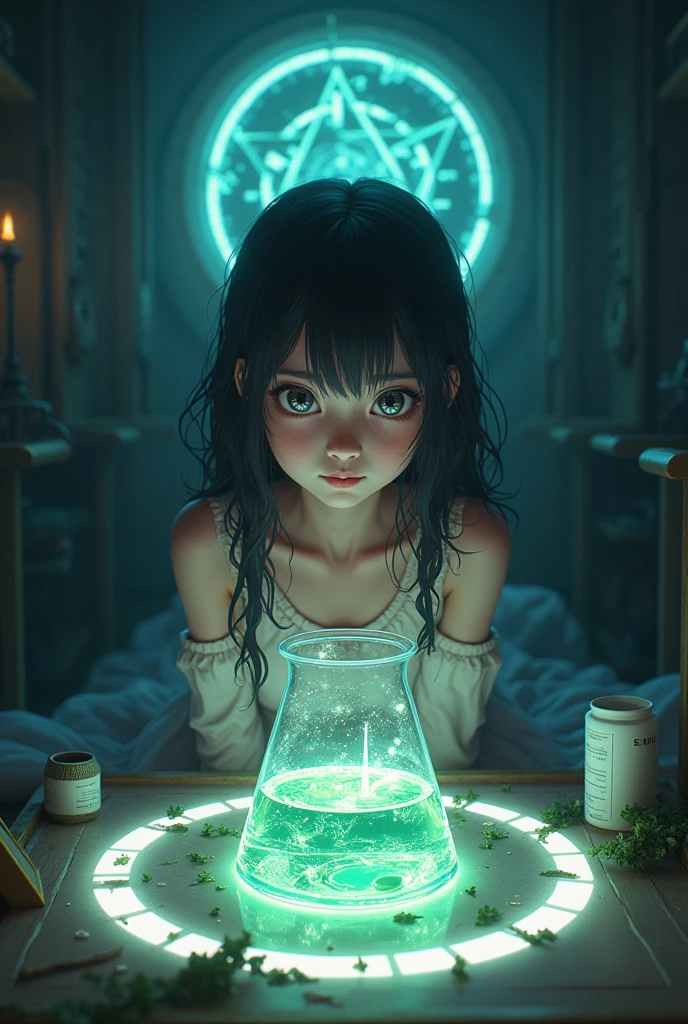 NSFW Masterpiece, high resolution, anime style beautiful girl, being in a dirty beaker, immersed in liquid, homunculus, magic circle, small room with phosphorescent flash, perfect beautiful girl, no clothes, luminous from within, staring at the viewer, laughter, 3d rendering, perspective, amazing anime illustration, impressive lighting, fantastic, dangerous, monstrous