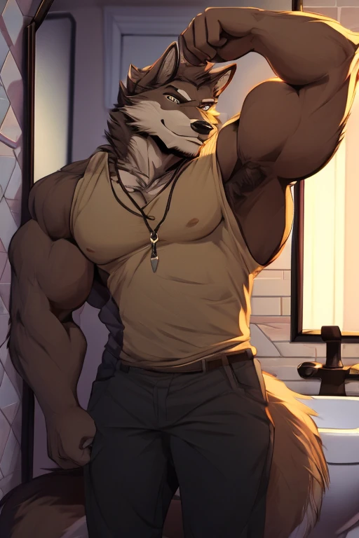 A Very Muscular Furry Gray Wolf. He Is wearing a light brown cap and brown shirt. He is in his small bathroom. He have a very long tail. He is standing in front of a mirror His eyes are gray. He is looking at the viewer. He is smiling. His one hand is flexing his muscle and his other hand is holding his phone to take his selfie