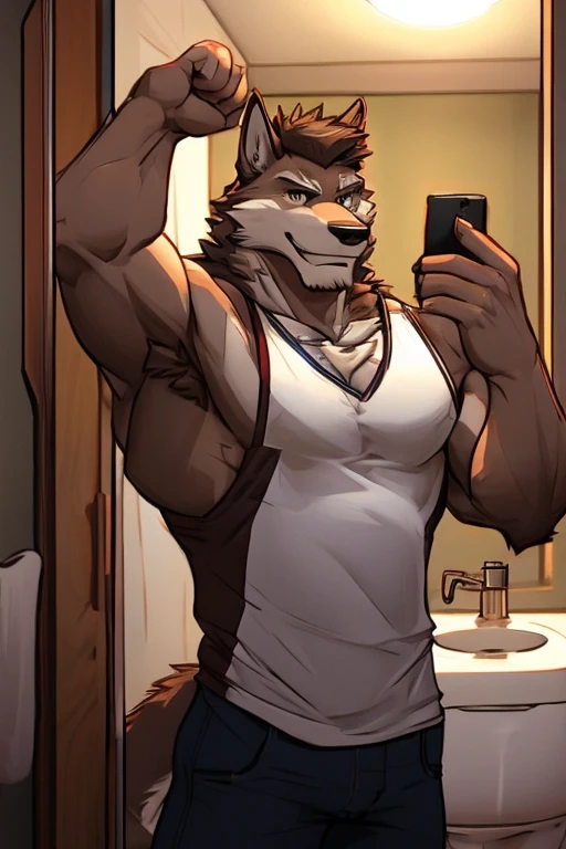 A Very Muscular Furry Gray Wolf. He Is wearing a light brown cap and brown shirt. He is in his small bathroom. He have a very long tail. He is standing in front of a mirror His eyes are gray. He is looking at the viewer. He is smiling. His one hand is flexing his muscle and his other hand is holding his phone to take his selfie