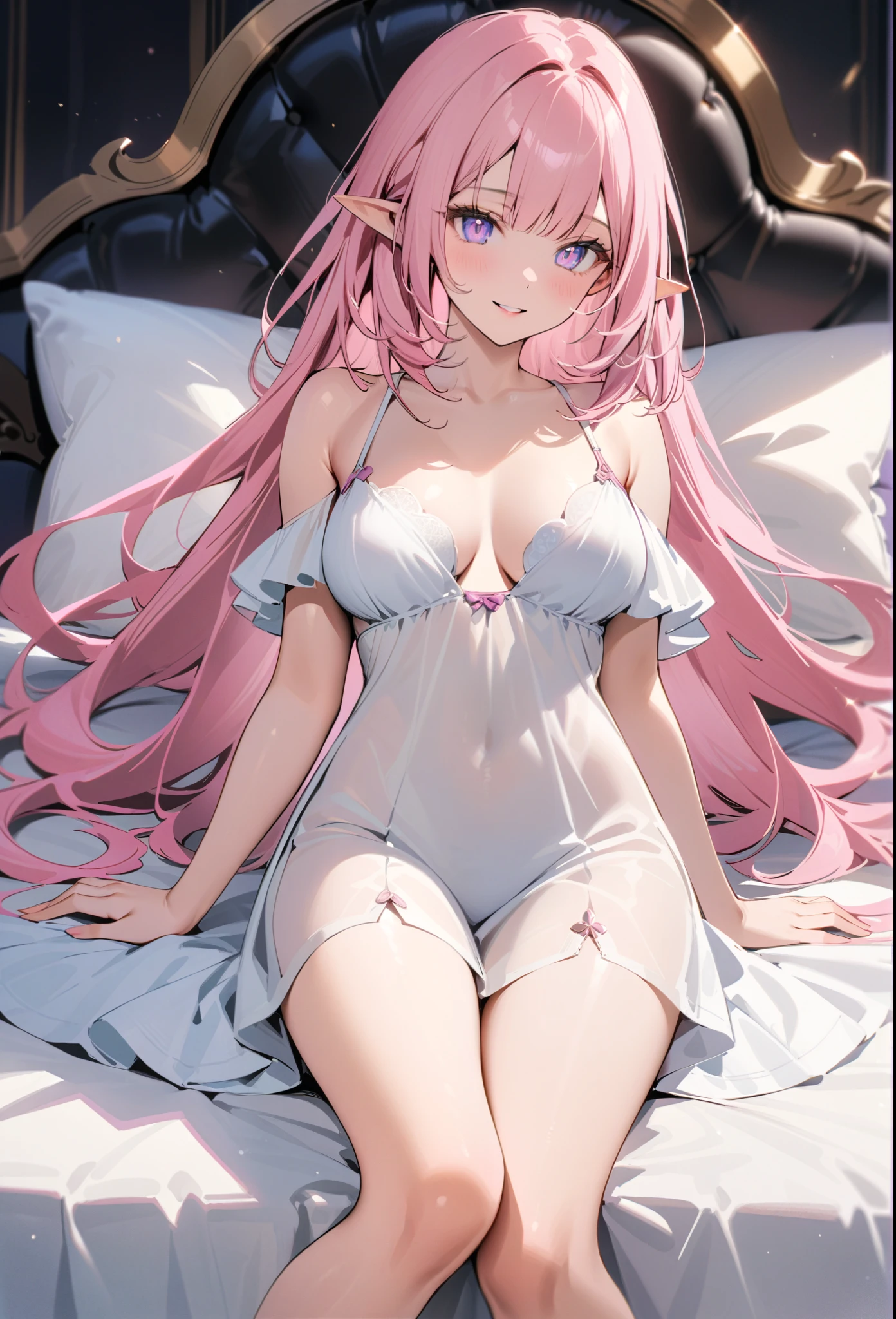 anime girl laying on bed, naked, nipple, medium breasts, seductive anime girl, ecchi anime style, oppai,  elf girl, smile