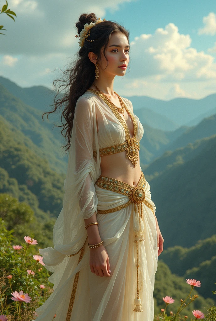 ((Waist Up Shot)) Professional Photo of 20 yo European Look gorgeous female [Gal Gadot : Maude Adams : 0.4] donning casual modest gown with long sleeves walks at the breath-taking surreal meadows scene with full of beautiful and vibrant exotic flowers, blue sky with cotton like white clouds, detailed face, detailed hair, sharp focus, OverallDetail Portrait photo, by WLOP and Thomas Ruppel, masterpiece, stunning, fantasy, hyper detailed, 8k character
