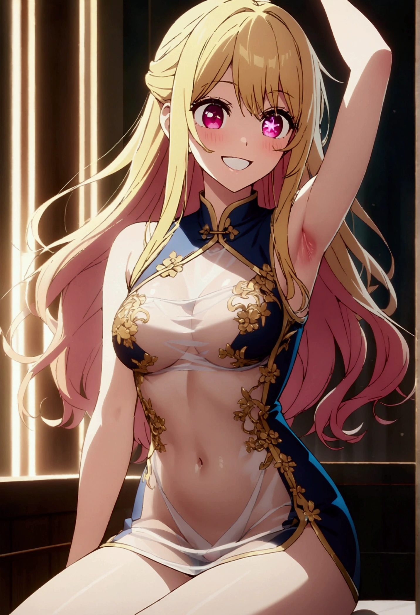 Chinese dress, gold decoration dress, hoshinoruby, star-shaped pupils, ruby_hoshino, blonde hair, bangs, 1girl, pink eyes, long hair, cowboy shot, masterpiece, extremely detailed CG, pussy, sitting with knees raised,perfect figure, playful, joyful, happy, big smile,daytime, sunlight, 1 girl, 8K resolution, see through, mini skirt, highest quality, High resolution, highly detailed face, perfect lighting, Very detailed CG, (perfect hands, perfect anatomy), perfect figure, armpit peek,