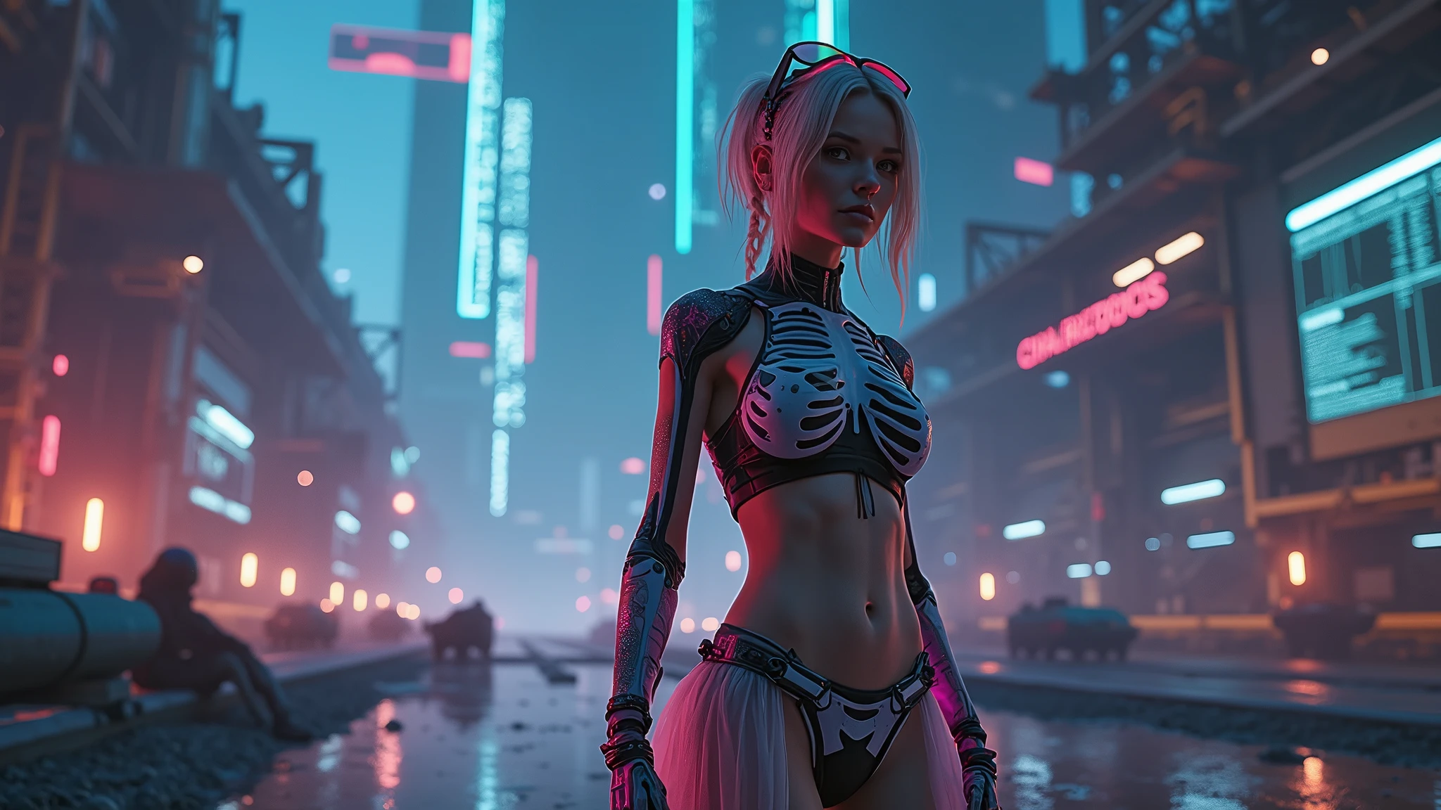 cyberpunk aesthetic, light eyes, eyelash, eyeliner, good makeup, sexy, (pale skin:1.9), detailed face, pretty face, rouge, good texture, strong shadows, bright, small boobs, skinny, transparent clothes, tanga, looking up, camera down, energetic pose, dinamic pose, athletic, 8k, fangs, detailed, tattooed, direct dark light, street background, balcon, neon lights, coloured, night, wet clothes, detailed nipples, naked, no underwear, mecanic arm, wet, fiber muscles, strong woman, small nose, big eyes, great quality, jewelry, purple filter, detailer vagina, wet underwear, neon direct, light, naked boobs, focus face,, pink, hair, cyberpunk 2077, edgerunners, blade runner, gothic legs, lasers,, slim underwear, erect nipples