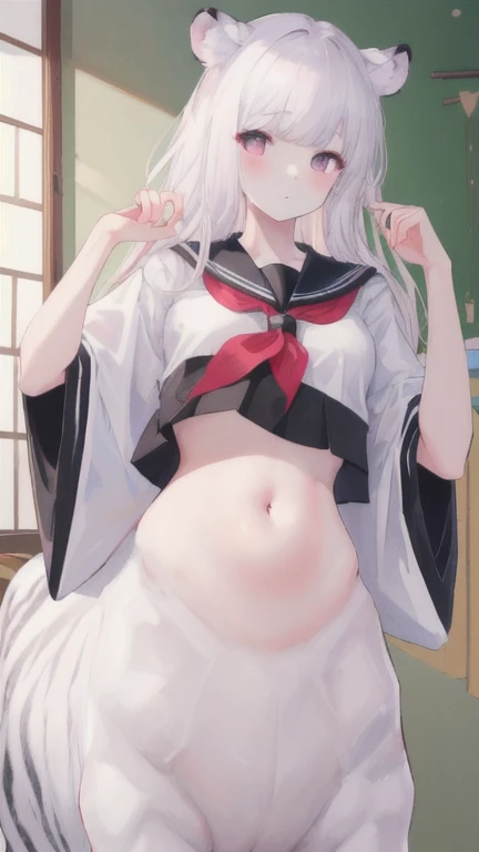 (best quality, masterpiece), 1 girl, centaur, I beg, White skin, Japanese schoolgirl, ,black pink, exposing the abdomen, belly on t-shirt , beautiful girl perfect, White tiger photo, 완벽한 White tiger photo