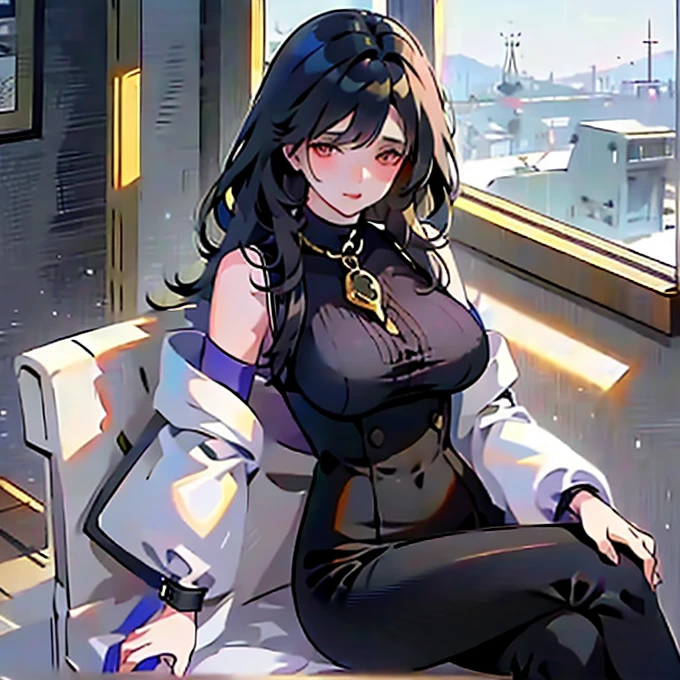 1 PC woman sitting in a chair. Tall. RGB lights on body. Black clothes. Multi colored lights all over her.