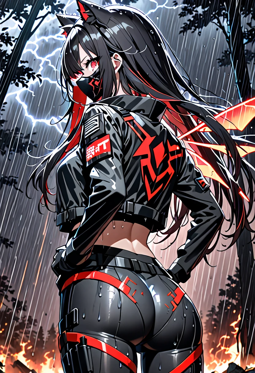 8K Ultra High-Quality, ultra-detailed, High quality, Black hair, Neon Red inner layer hair, glowing Red eyes, Long hair, Cat ears, gloves, Black Tactical clothes, black open jacket, black with red trimmings, black spandex, Cyber wings, black mask, hands on the hip, scar covered face, looking at viewer, big butt, full body, close up, back view, smoky background, night time, burning forest background, thunder storm, raining, soaking wet