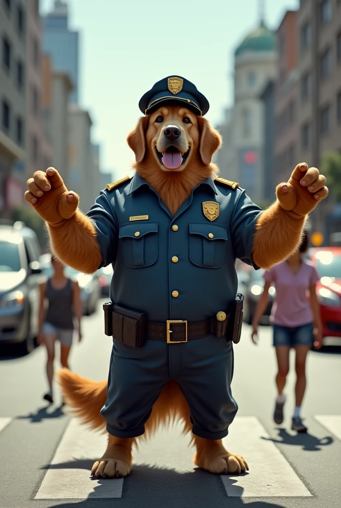 Golden Retriever,muscular body,wearing shoes, wearing trousers, traffic police uniform,standing on the road,both hands are stretched out as if holding back a vehicle,vehicle background,three people are crossing the road,Street,camera focus