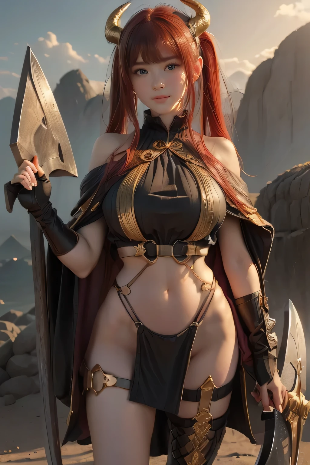 Gigantic breast, (Best quality, 4k, 8k, highres, masterpiece:1.2), ultra-detailed, ((Bishoujo girl)), ((Most adorable dragon girl with cute face and pointy ears)), ((red hair twintails with blunt bangs and dragon horns)), ((full body)), ((stand pose)), ((((Red poncho with black atelier, gold accessories, smirk smile)))),((Black Gladiator sandals with high strap, high strap)), ((Gigantic breast with petite body and slim thighs)), (((Fantasy))), (((Slim Body))), ((((Holding a huge Axe)))), ((fully detailed)), illustration, (Original Character, Unity 16K Wallpaper, masterpiece, Best Quality, Ultra-detailed, extremely details CG, Caustics, Cinematic lighting, Detailed, Beautiful detailed eyes, Solo, Oily skin), Ultra High Resolution, Fine skin, (Strong lights), ((Brighten the subject)), Gigantic breast, 
