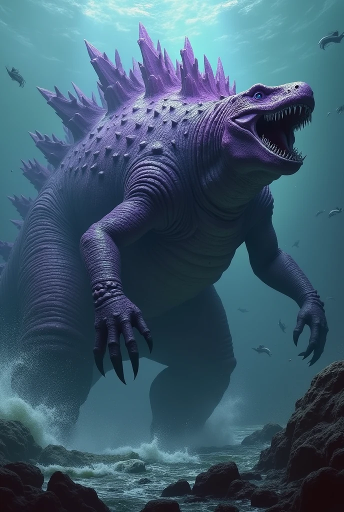 godzilla shark with purple body, many scratch