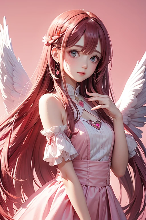 angelicales、Has feathers、pinkcolor、Eyes are moist、Empty background、Goddess of Luck、lovemaking、qipao dress