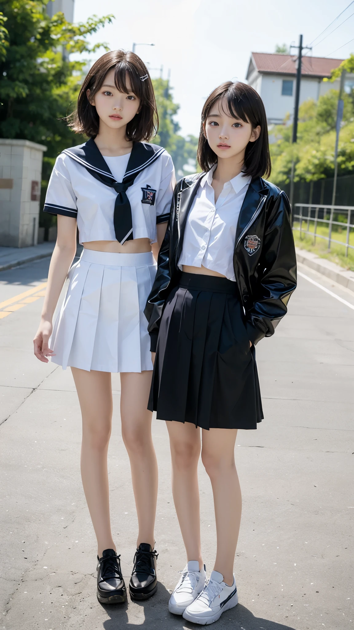 High detail, Textured skin, Very detailed, Ultra high definition, High-resolution model, Detailed face、bare navel、Twins, two girls, two high school girls、(((flat chest))), (flat chest:1.1)、 14years、a junior high school student、School Uniforms、Cute, young, (Full body:1.3)、Ultra-detail、​masterpiece、top-quality、超A high resolution、8K high image quality、Photogenic clarity、A detailed eye、Real live-action、Spring outdoor、Model Standing、Beautiful posture、High detail, Textured skin, Very detailed, Ultra high definition, High-resolution model, 