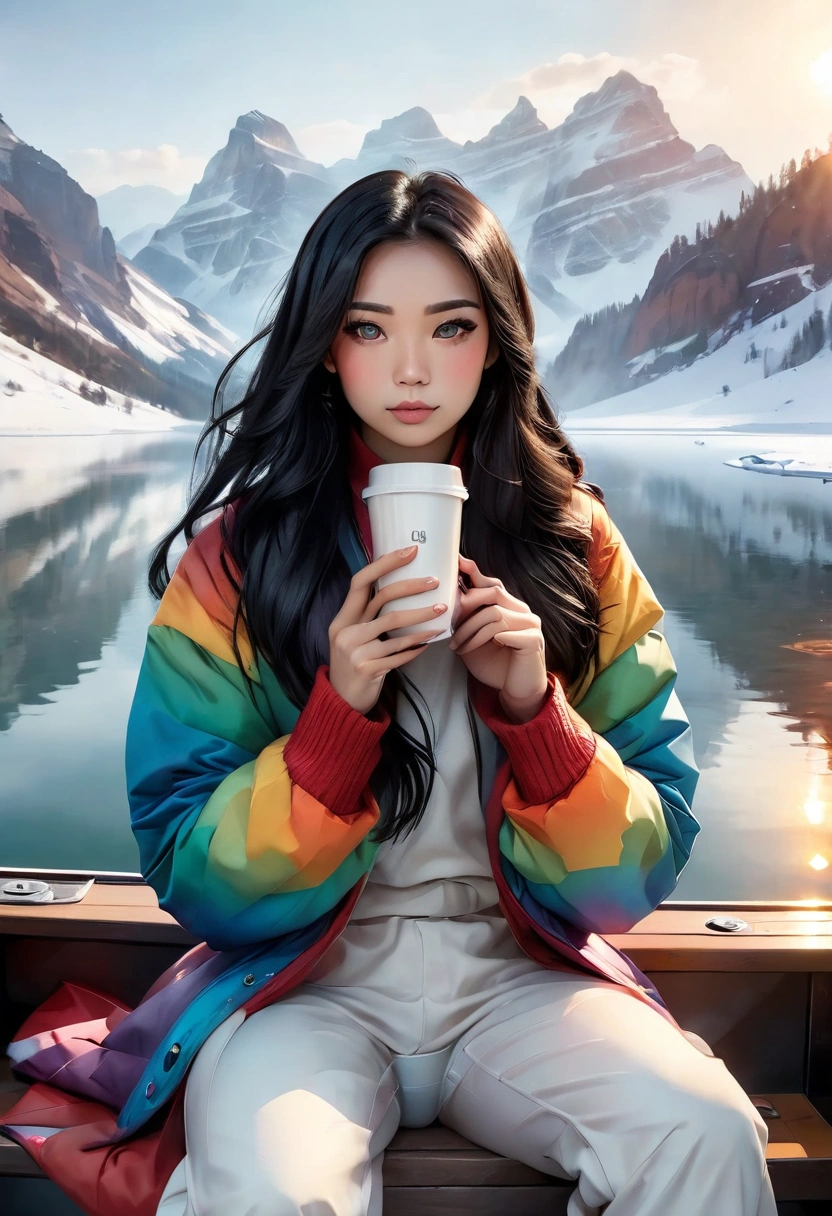 uhd,realistic, female china model (natural beauty, sad eye, long black hair, face visible, facing front) dressed in detailed modern white long winter attire with  futuristic colorfull  fur on arm, left hand holding samsung galaxy for selfie pose and right hand holding a white cup of  black coffee with smoke arose from the coffee. sitting on edge of boat with middle frozen clear lake. background is red and orange canyon rock both side lake,winter season with misty snowflake on colourfull rainbow. Golden  hour sky. 128k,cinematic lighting, 1080x2400pixel