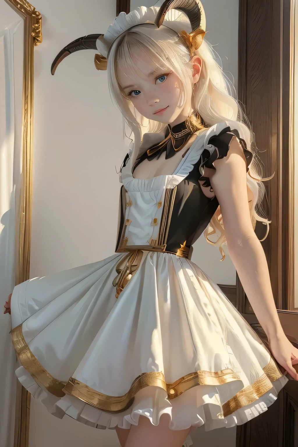 (Original Character, Best quality, 4k, 8k, highres, masterpiece:1.2), ultra-detailed, ((bishoujo girl)), ((Petite and adorable Goat girl with child face)), ((White and super curly hair with Goat Horns)), ((full body)), ((stand pose)), ((((Black and white Maid dress with gold accessories, White thights)))), ((Maid shoes)), ((Slim body with huge tits)), (((Fantasy))), (((Slim and small body))), (((Goat tail)))), ((fully detailed)), illustration, (Original Character, Unity 16K Wallpaper, masterpiece, Best Quality, Ultra-detailed, extremely details CG, Caustics, Cinematic lighting, Detailed, Beautiful detailed eyes, Solo, Oily skin), Ultra High Resolution, Fine skin, (White and super curly hair with Goat Horns, (Strong lights), ((Brighten the subject)), shy face, shy face, 
