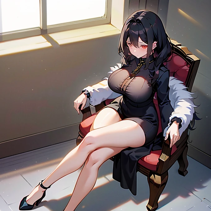 A milf with big saggy tits hourglass shaped hips and big ass wearing a black dress with red and black heels with a gold chain on her neck white fur and black hair red eyes looking at you in a room sitting on a chair with her legs crossed 