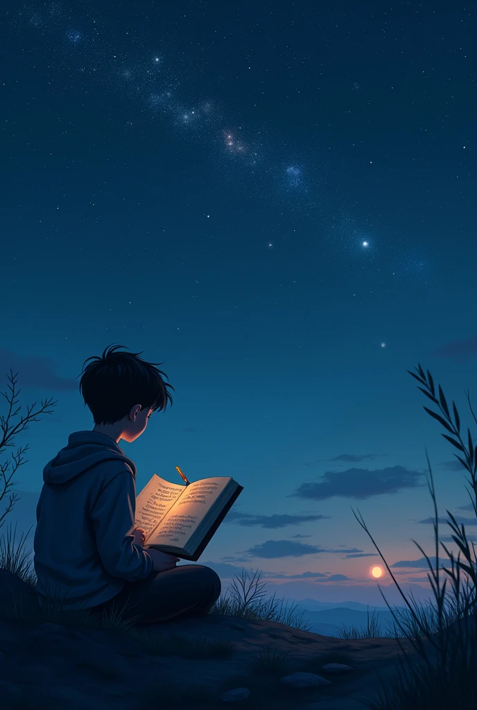 create an image of a boy camping on the beach. With your back to the water of the beach which is being illuminated by the silvery glow of the moon and the glow of shooting stars,he is sitting on a piece of tree trunk roasting machimelo to eat and in his other hand a book. On the bow of a boat there is a cat looking at the shooting stars