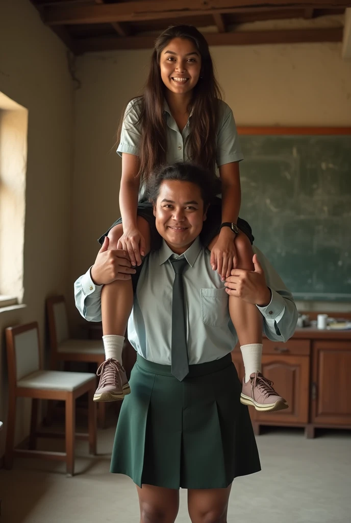 woman in black skirt holding her young so on her lap in a school,, the boy is wearing shorts, mother and son, 1boy, jackpot please, big thighs, fat, bright morning, PANTIES gotta be shown