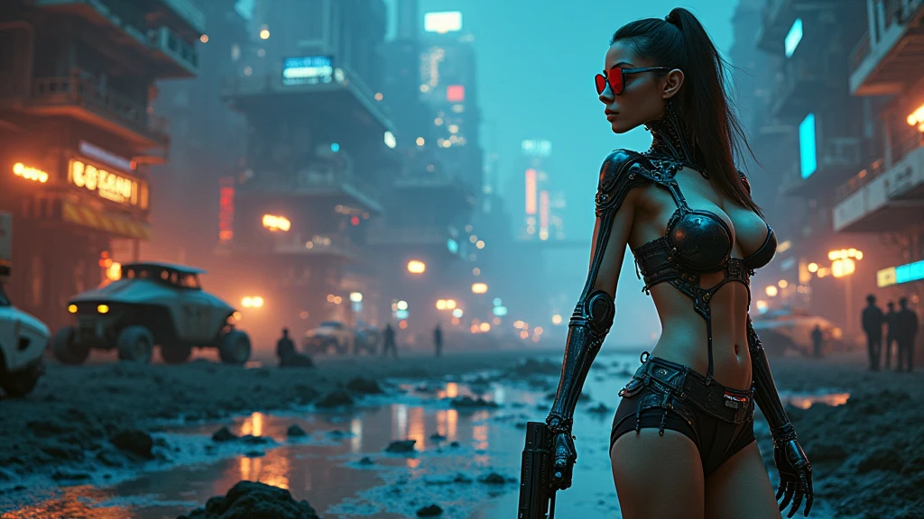 dark futuristic landscape, at night, neon lights, Atmospheric fog, large buildings in the background, futuristic city, busy streets with open shops, Ruined buildings, skyscraper (postapocalyptic city:1.3). at night, (((Matrix style cascading code))), (1woman, solo, perfect body), photo realistic, (large-breast:1.1 slim body, cleavage), (((tube top, extreamly short pleated (((((miniskirt))))) exposing panty))), (((((((matrix style black sunglasses))))))), (((((((sprinting with a (pistol), looking at camera))))))), (((half-body (thigh level) medium shot))), cinematic lighting.