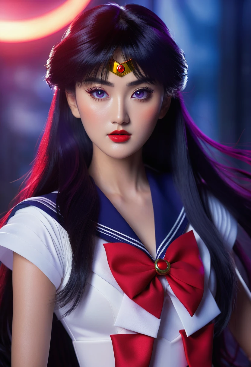 A highly detailed realistic of Sailor Mars, Rei Hino, in a dark fantasy movie setting, photorealistic, extremely detailed facial features, striking purple eyes, full lips, long eyelashes, elegant hairstyle, detailed sailor mars uniform design, dramatic lighting, cinematic composition, moody color palette, intricate background details, fantasy elements, 8k, best quality, ultra-detailed, masterpiece