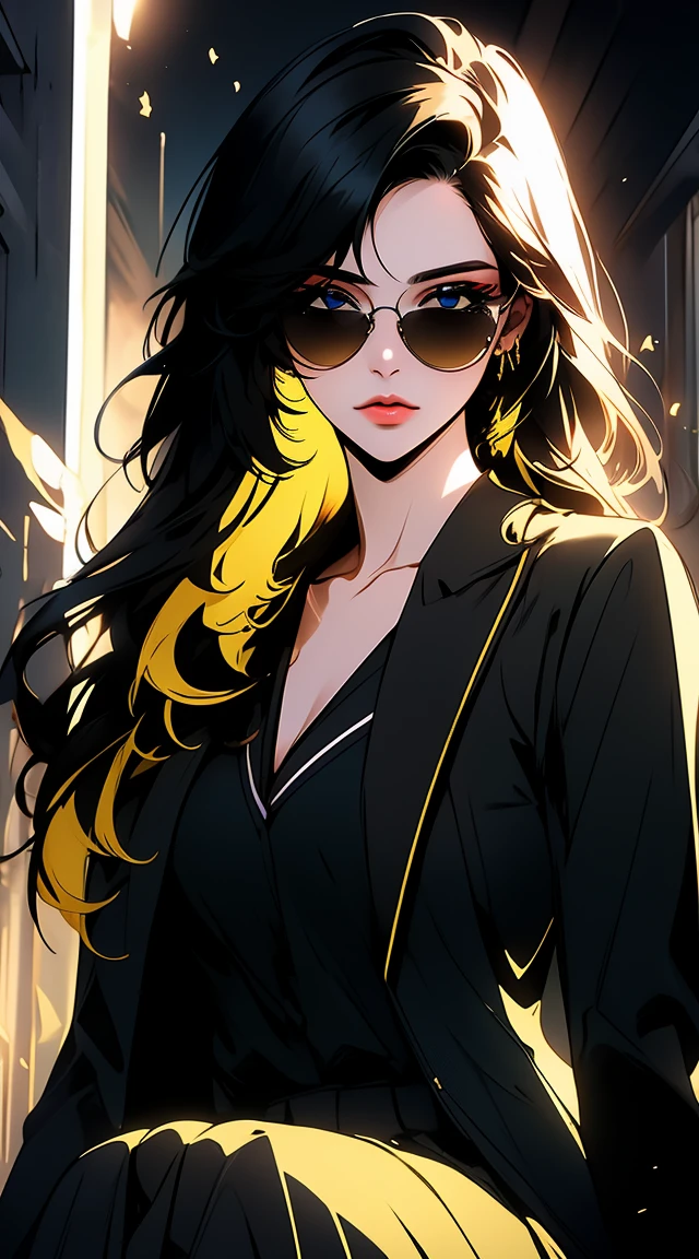 1girl, solo, yellow hair, black hair, multicolored hair, blue eyes,
BREAK (({Black business suit:1.40},{tie:1.20},{sunglasses:1.25},{White gloves:1.15},{ White shirt:1.10}, {Black Skirt:1.15}, good looking:1.5))
BREAK expressionless, looking at viewer, sitting,
BREAK (masterpiece:1.2), best quality, high resolution, unity 8k wallpaper, (illustration:0.8), (beautiful detailed eyes:1.6), extremely detailed face, perfect lighting, extremely detailed CG, (perfect hands, perfect anatomy),