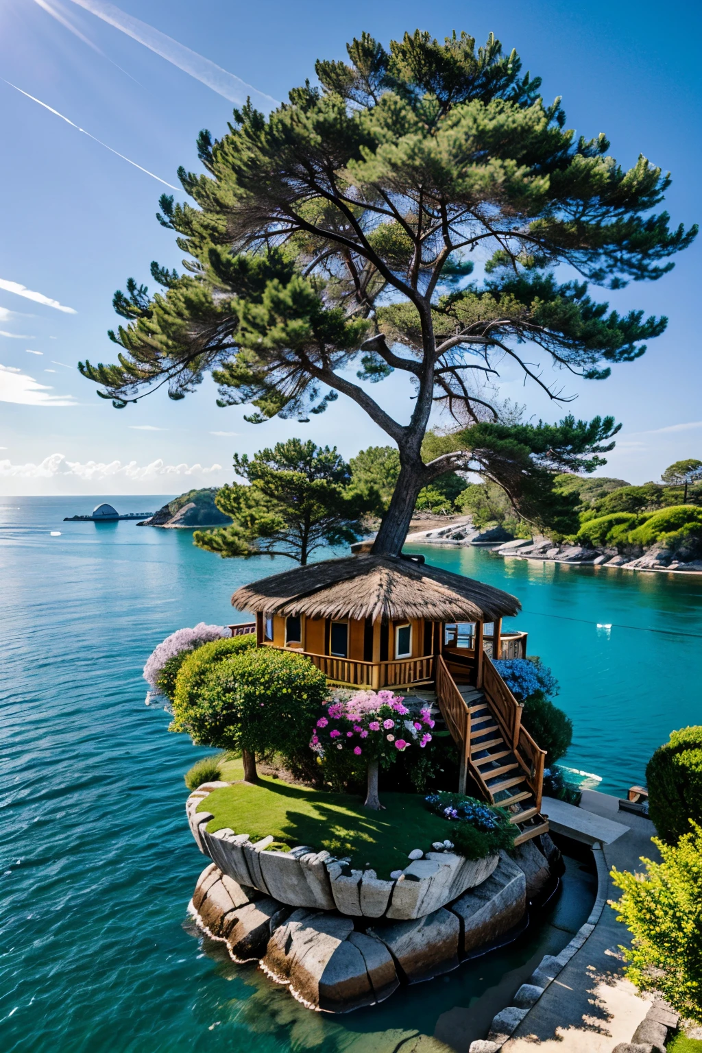 Perfection The Coolest tree house on a large rock in the middle of the sea with flowers in front of the house and trees on both sides of the house
