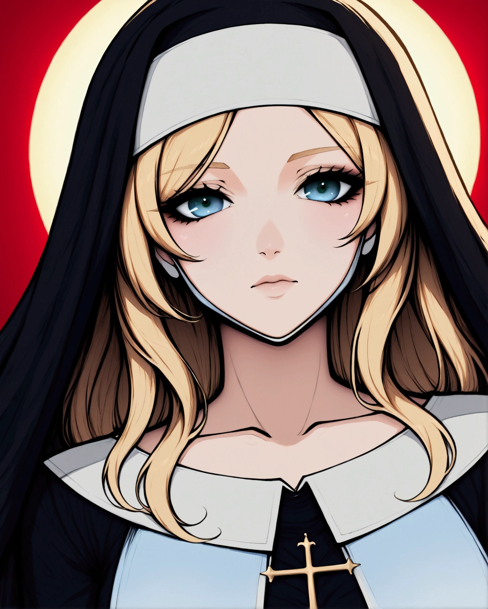 (masterpiece), best quality, absurdres, very aesthetic, good lighting, cinematic light, backlighting, light rays, 1girl, mature woman, beautiful girl, long hair, blonde hair, green eyes, nun, white surgical mask, small breast, Pretty Face, Expressionless, Serious look, Portrait, looking a view, dutch angle shot, (background : Red Background),