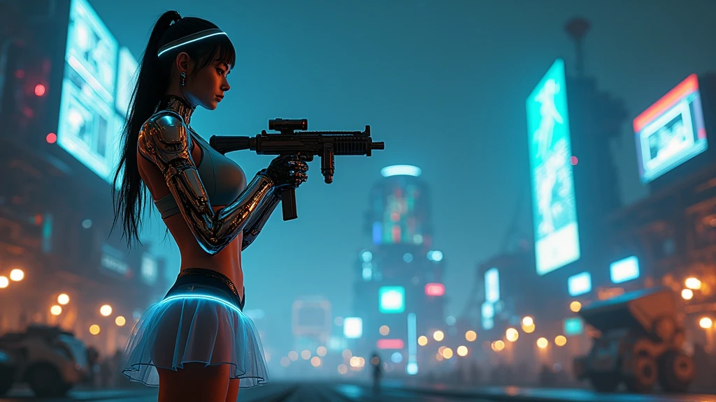 (((aerial view))) of futuristic cyberpunk city at night, hologram neon buildings, vivid colors, (((futuristic flying cars))) and futuristic cars, 3d rendering Beeple. large-breast:1.2 photorealistic sexy woman, cleavage, tube top, miniskirt, (((((black sunglasses, pistol shooting pose))))), standing, leaning forward, (((((half-body thigh level medium shot))))).
